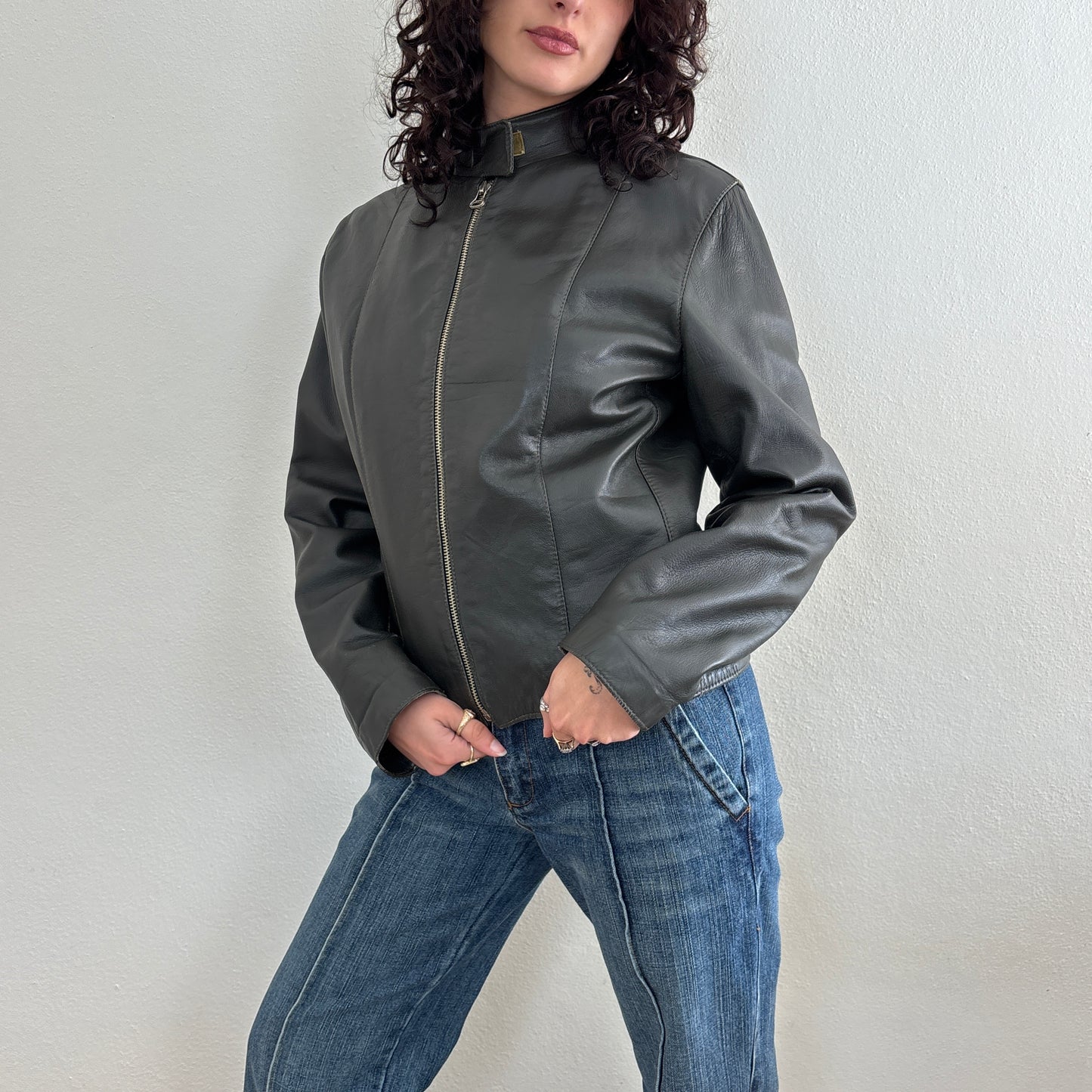Olive brown leather jacket - S