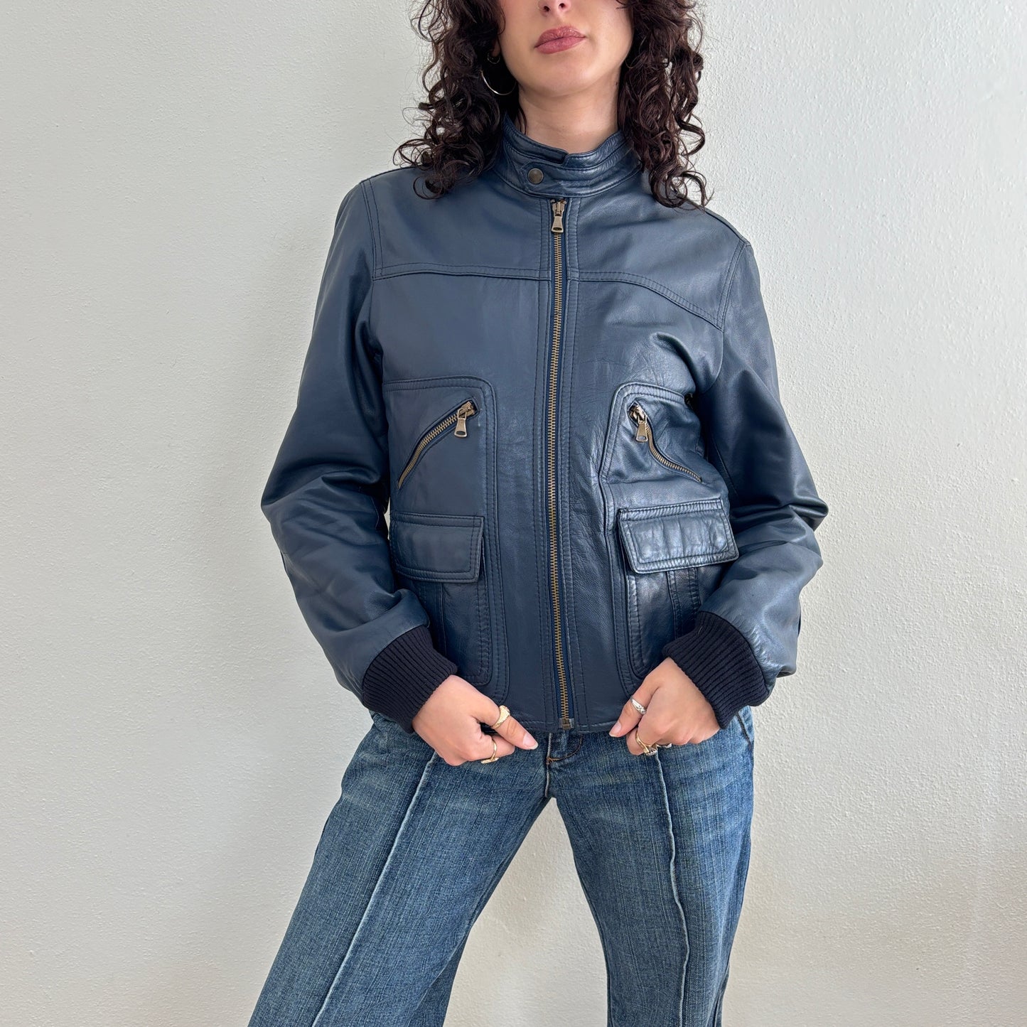 Navy leather jacket - M