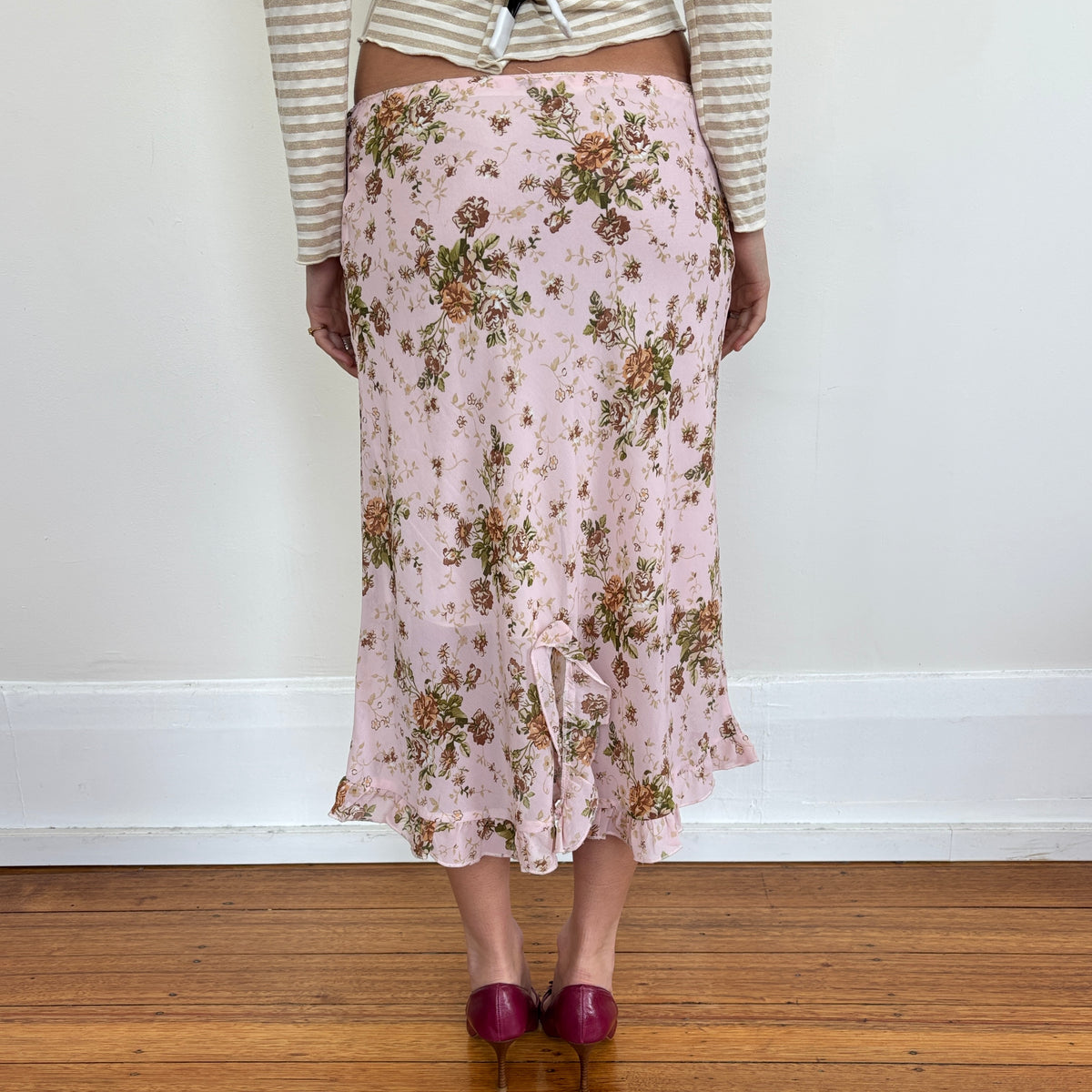 Pink floral midi skirt - S
