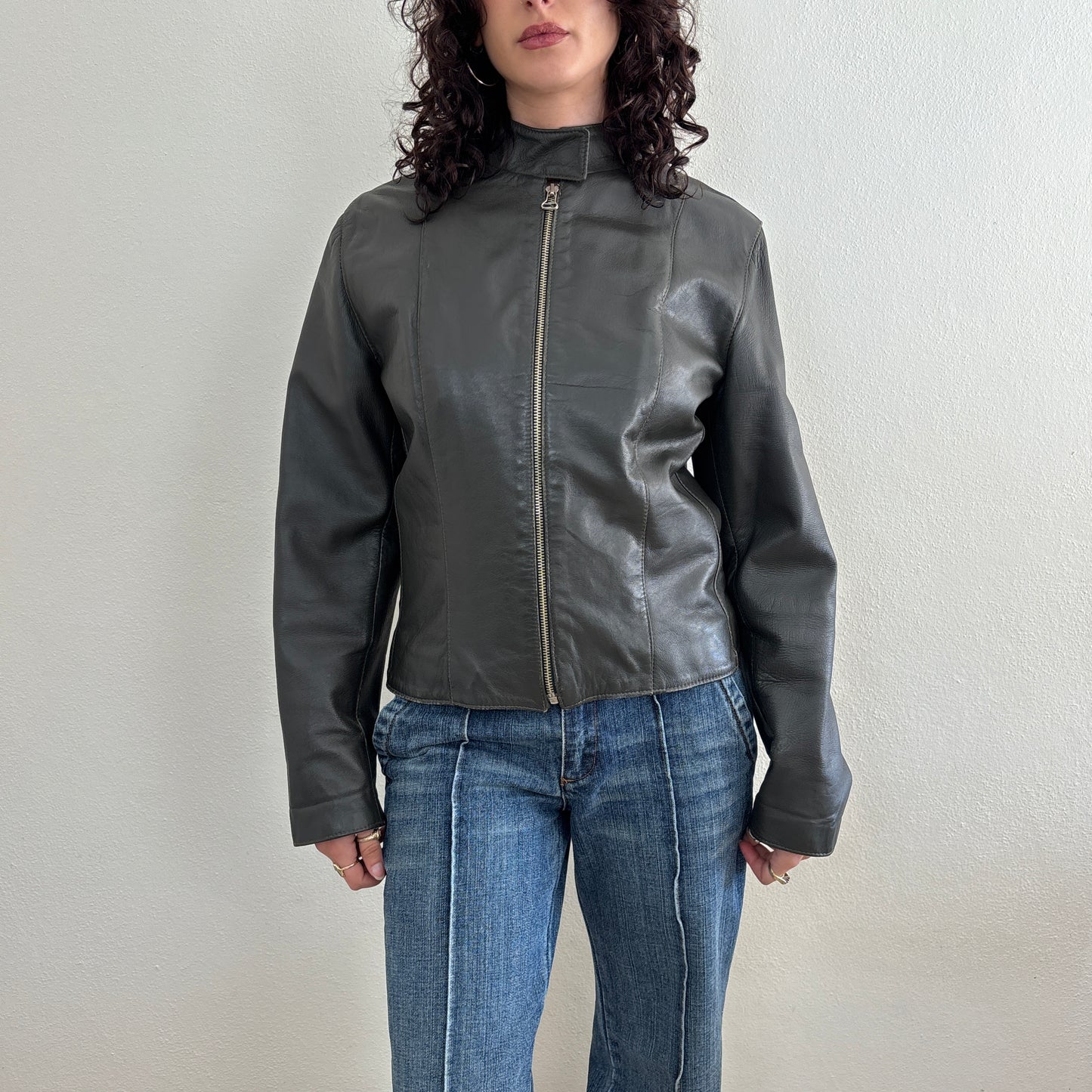 Olive brown leather jacket - S