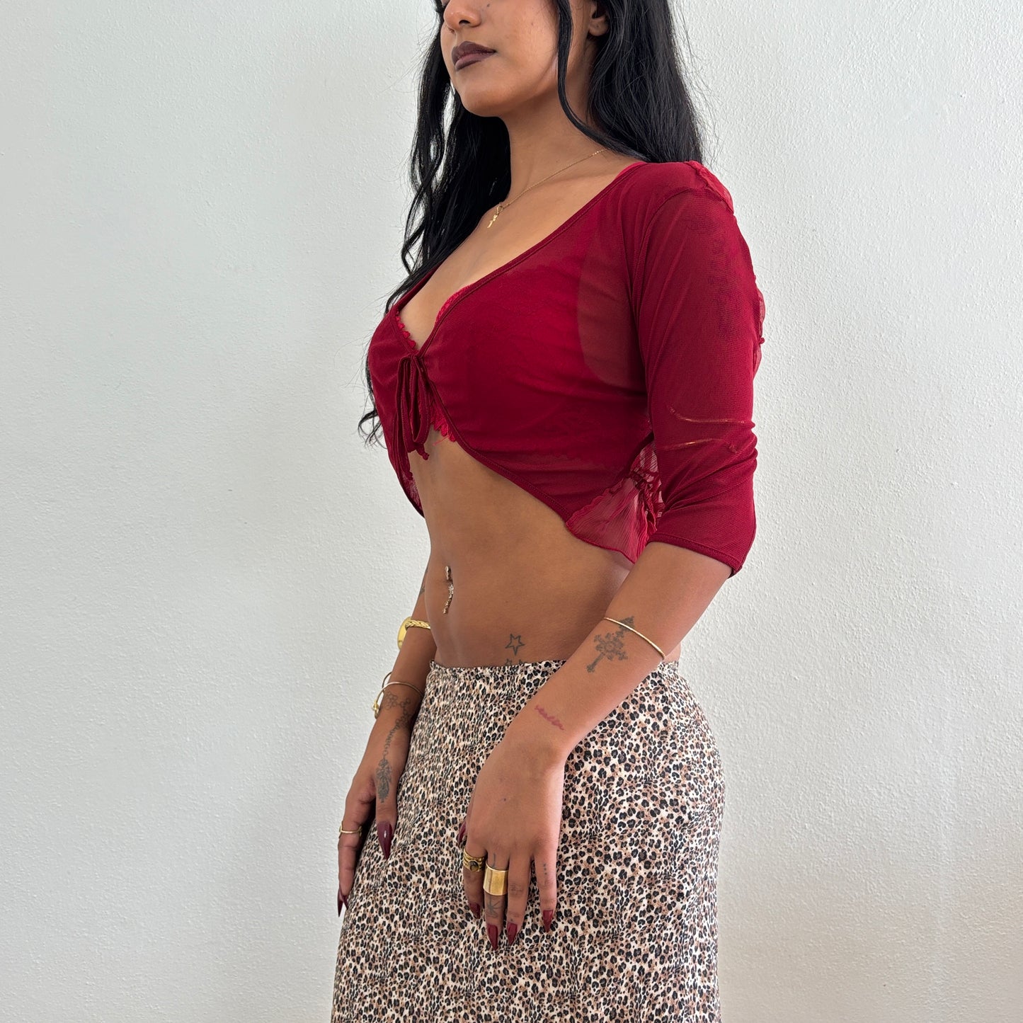 Red silk ruched top - M