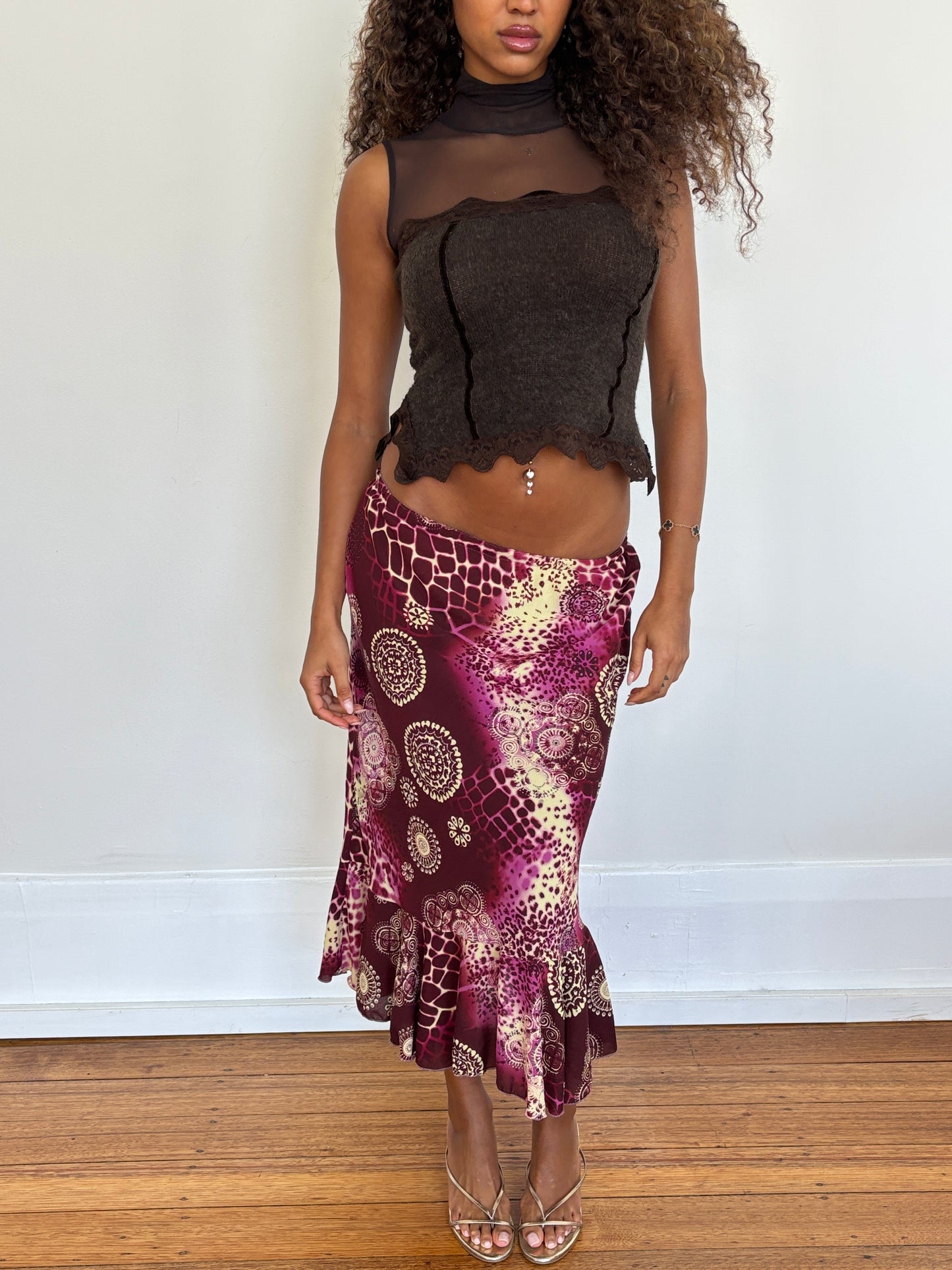 Brown knit mesh top - S