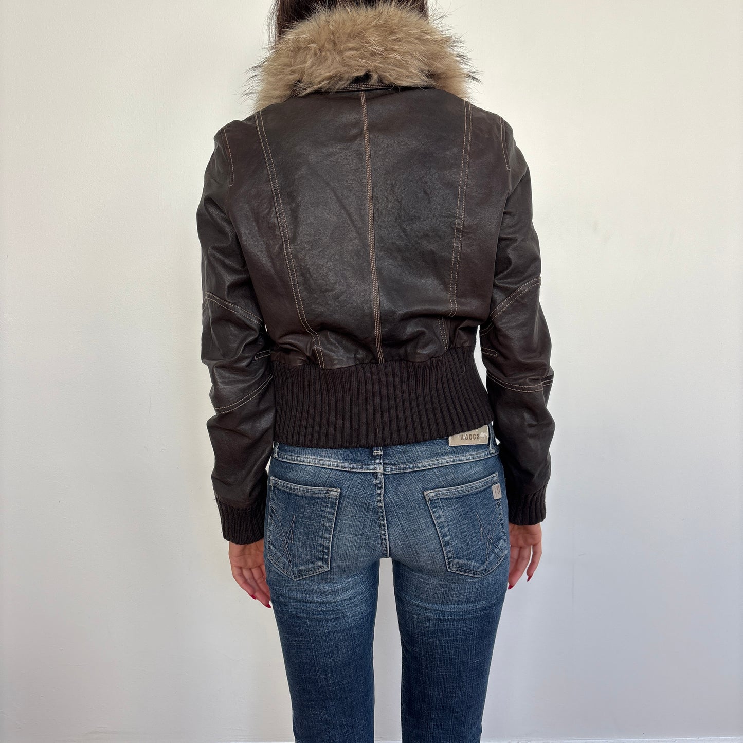 Fur collar leather jacket - S/M