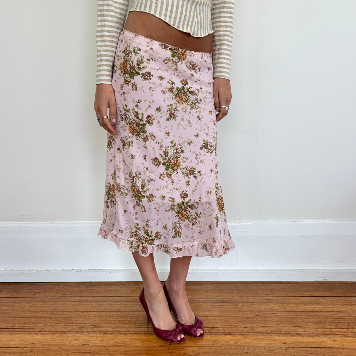 Pink floral midi skirt - S