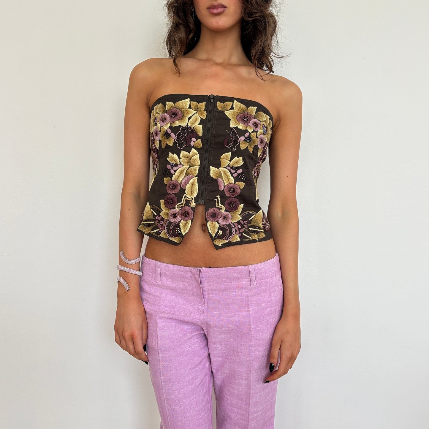 Strapless floral beaded top - M
