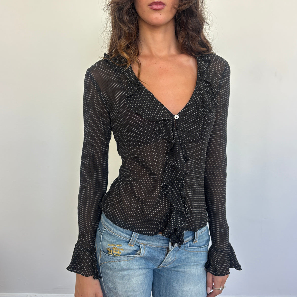 Italian silk polka dot ruffle top - S/M