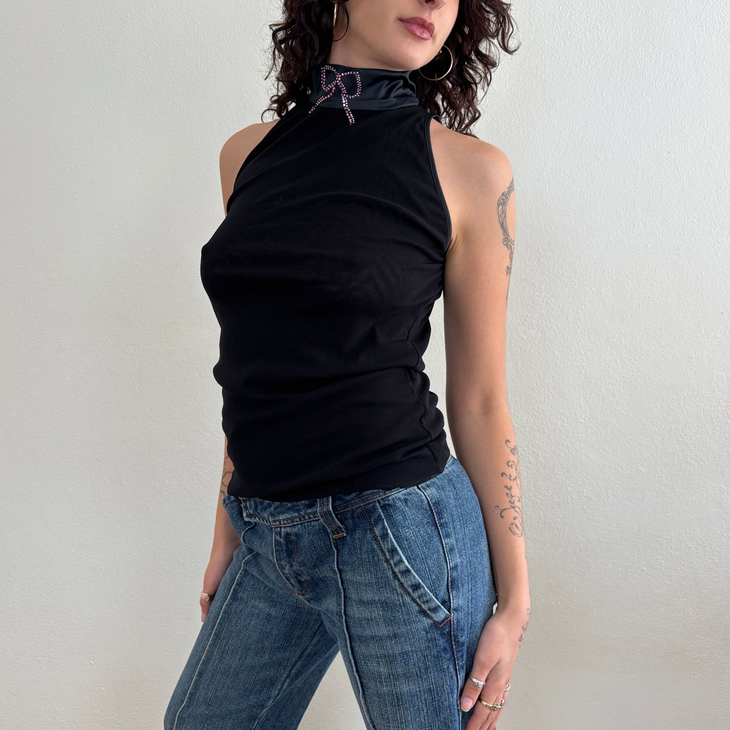 Diamanté bow mesh top - M