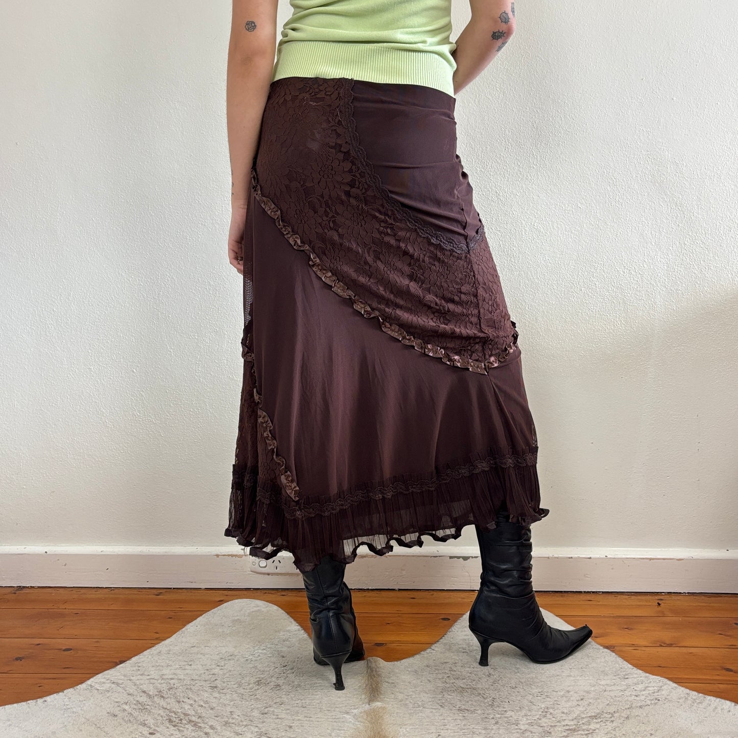 Brown mesh lace midi skirt - S