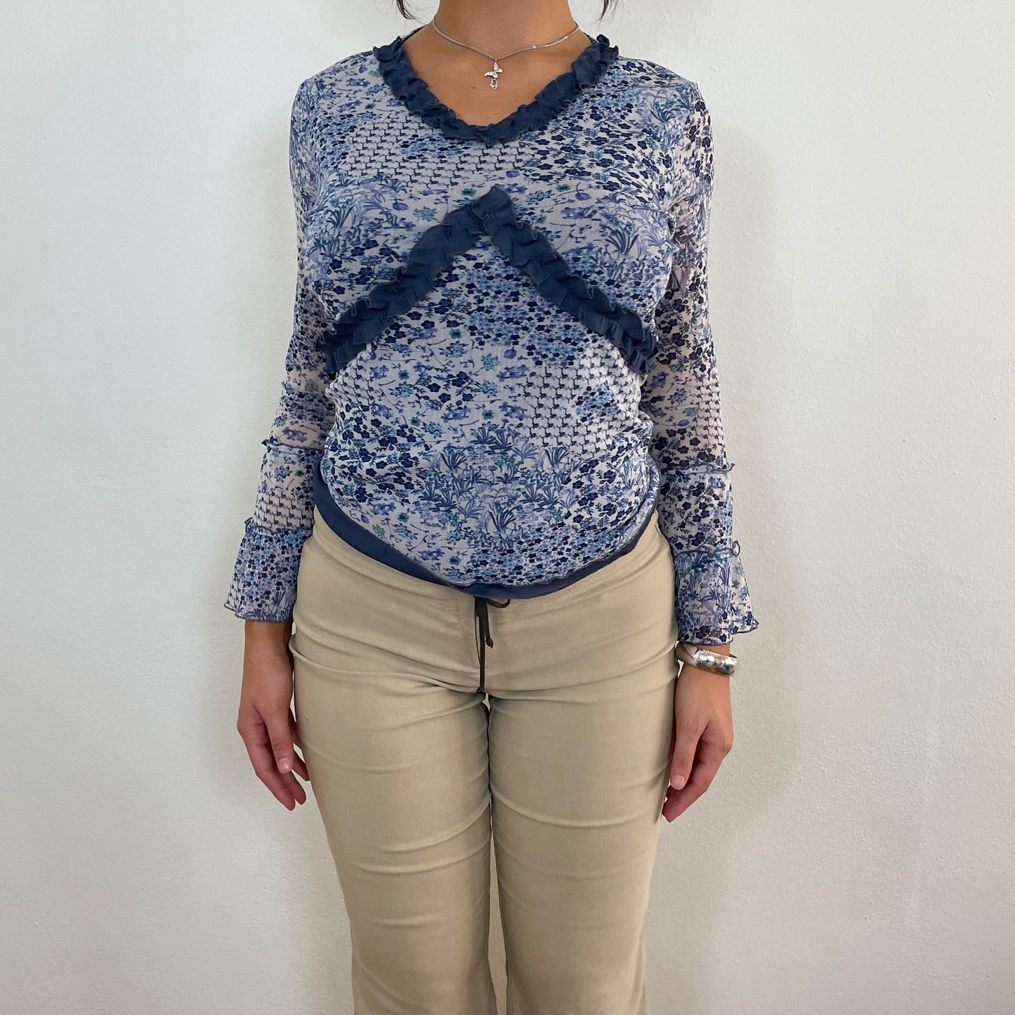 Blue floral mesh top - L/XL