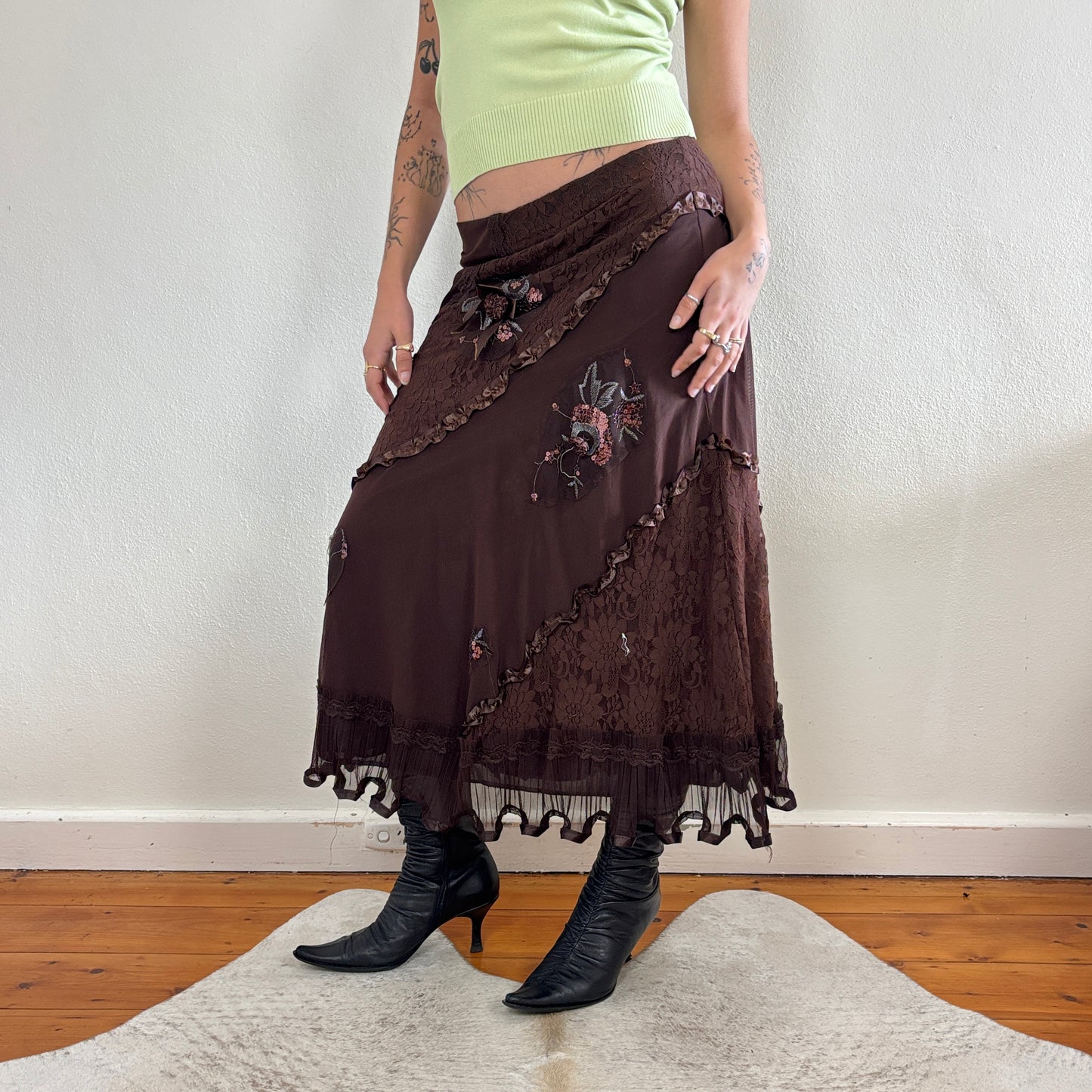 Brown mesh lace midi skirt - S