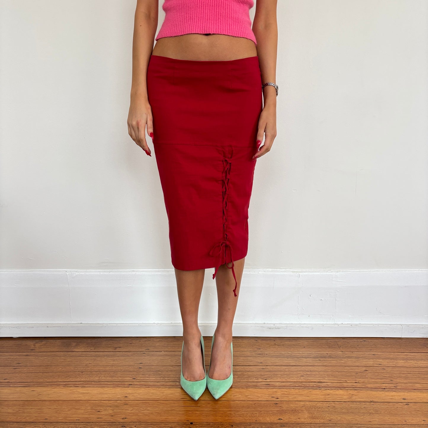 Italian red lace up skirt - XS/S