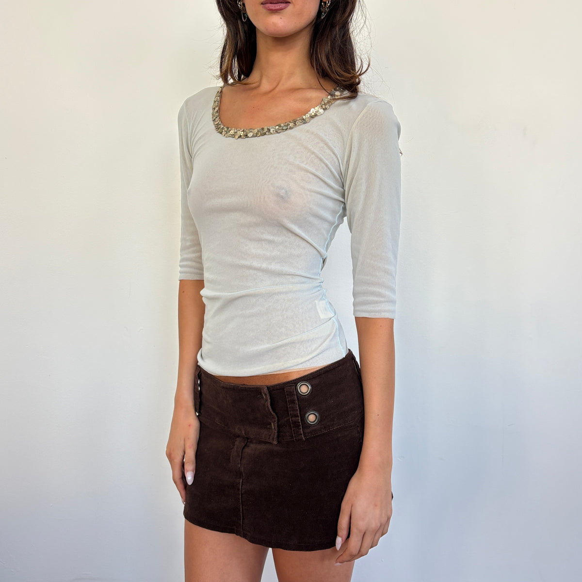 Italian blue sequin detail mesh top - S/M