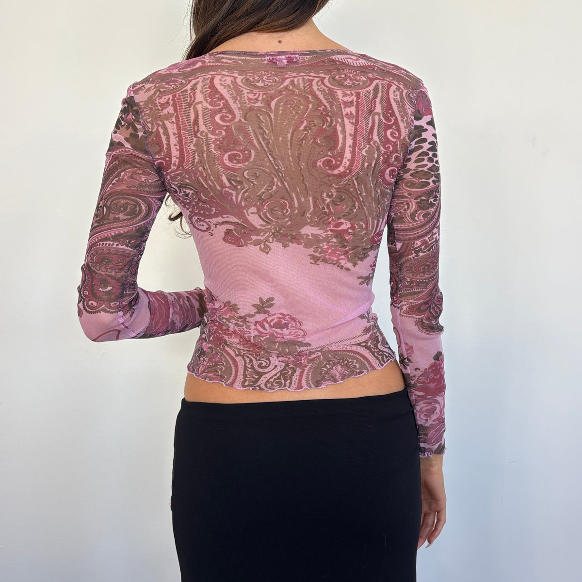 Mesh beaded long sleeve top - S