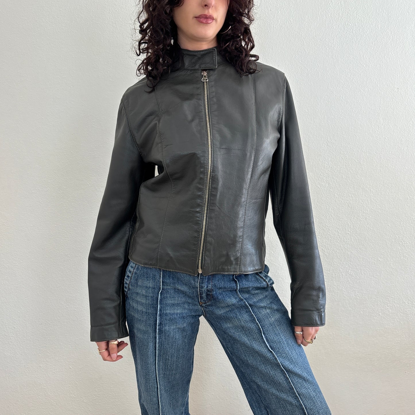 Olive brown leather jacket - S