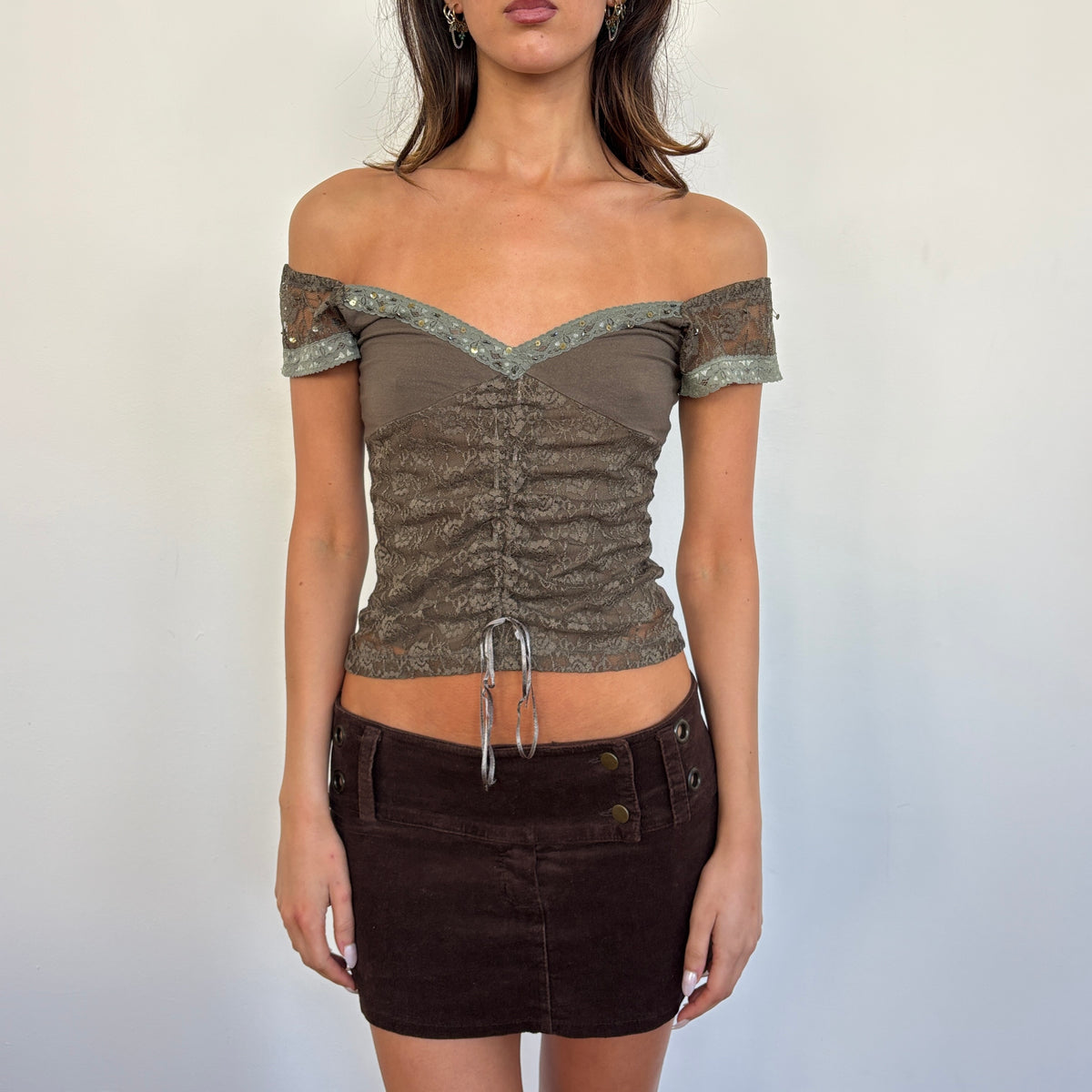 Italian khaki lace top - XS