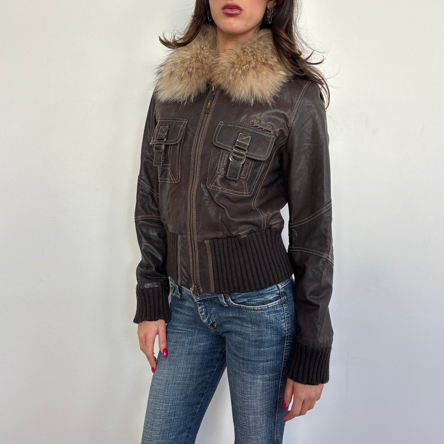 Fur collar leather jacket - S/M