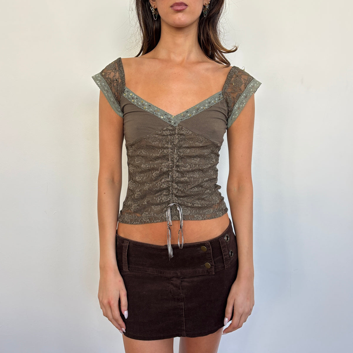Italian khaki lace top - XS