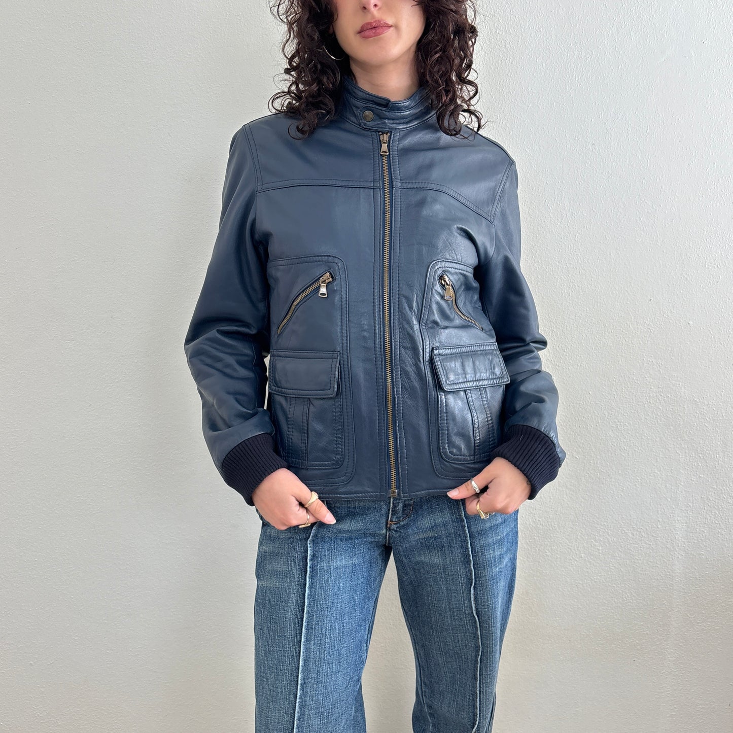 Navy leather jacket - M