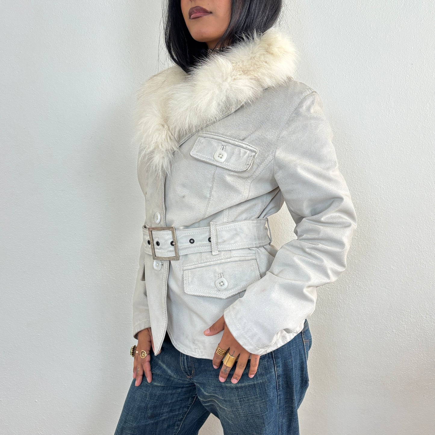 Italian leather jacket fur collar - M