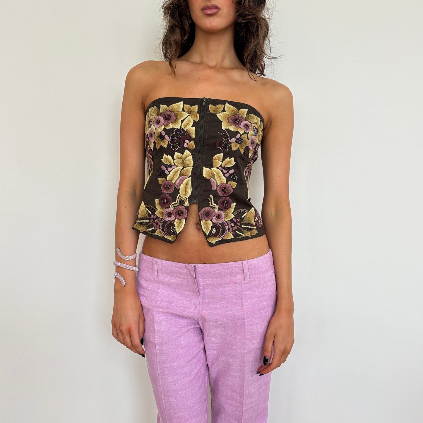 Strapless floral beaded top - M