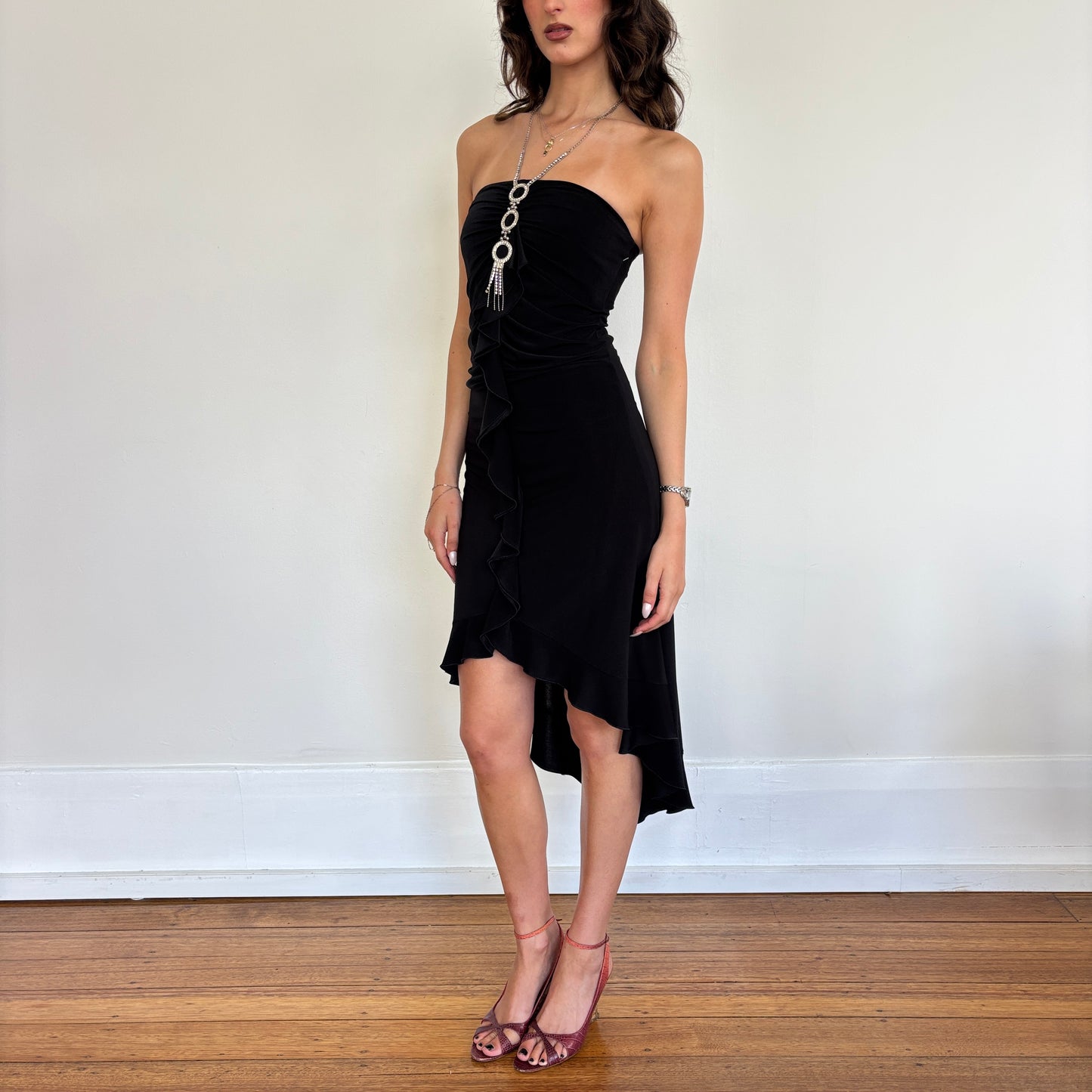 Italian black ruffle midi dress - XS