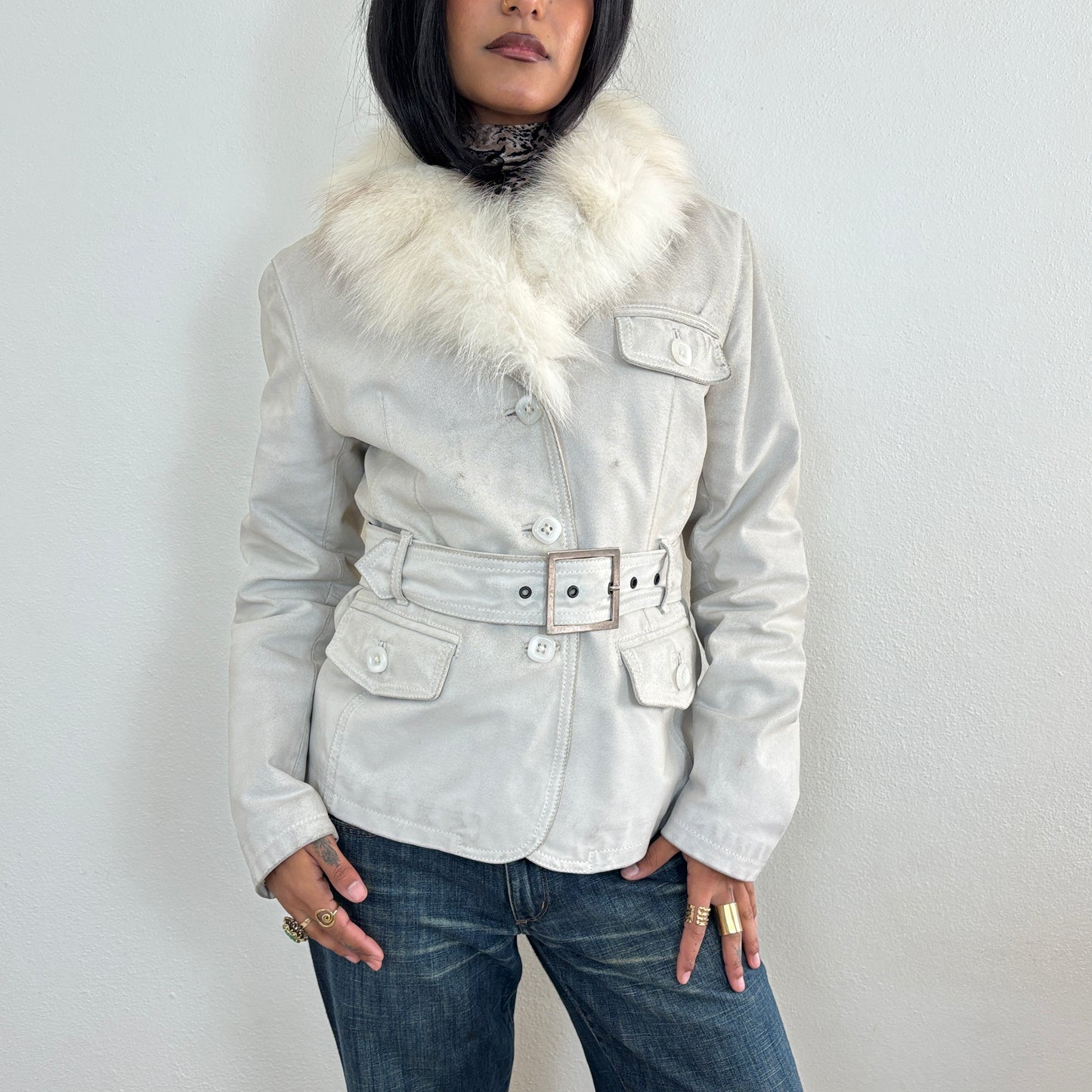 Italian leather jacket fur collar - M