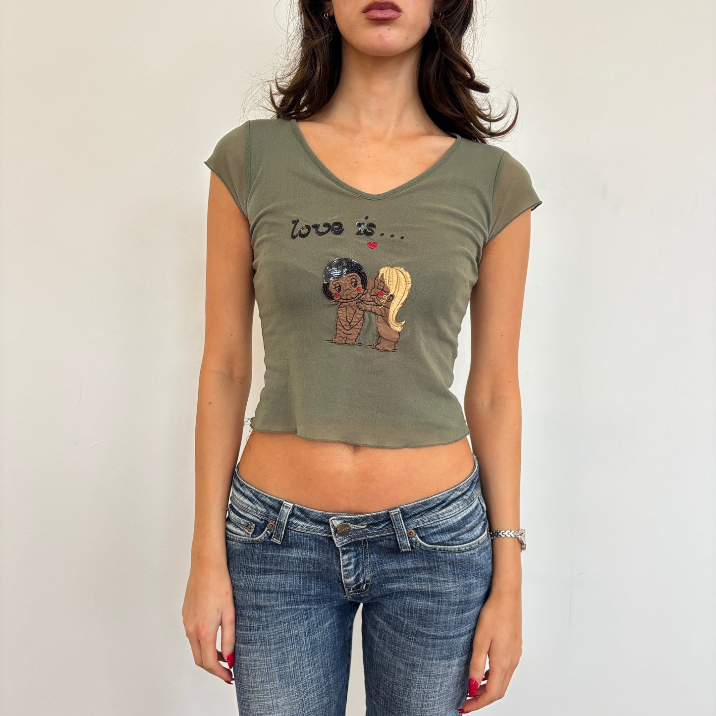 Khaki graphic mesh top - XS
