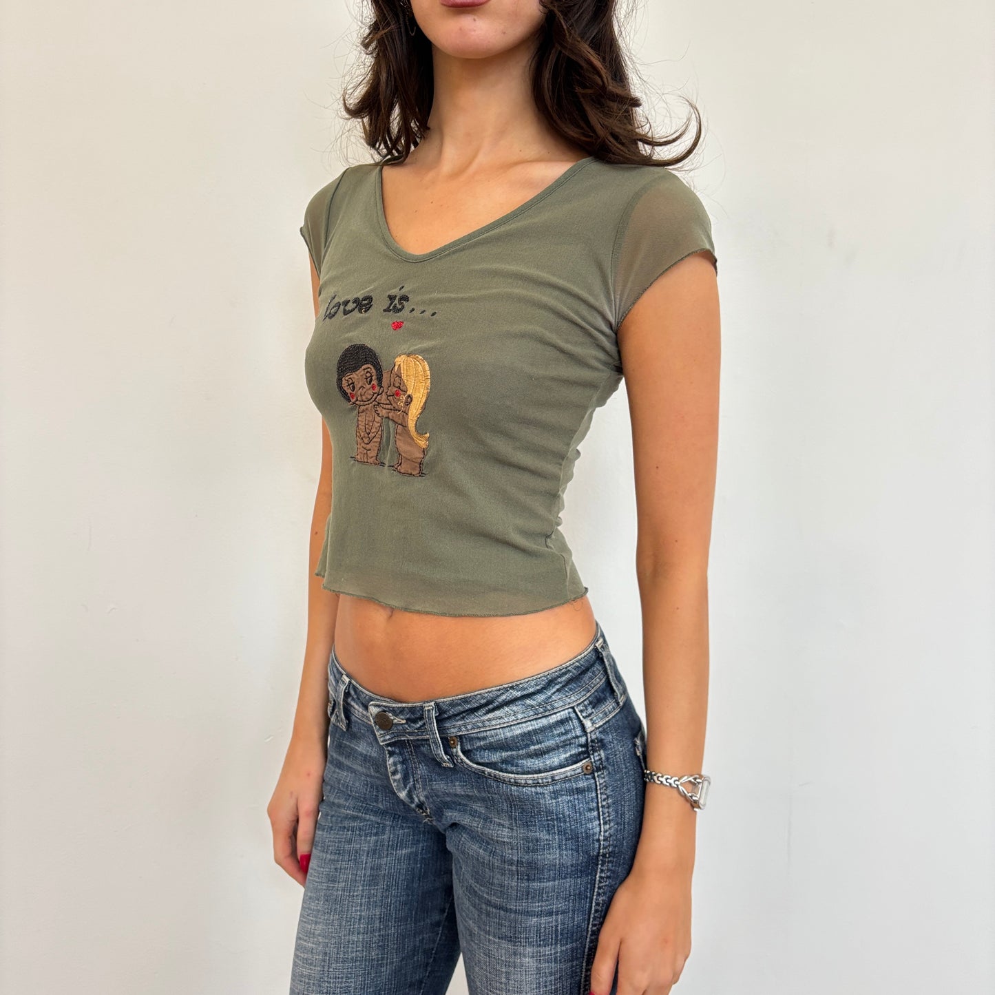 Khaki graphic mesh top - XS