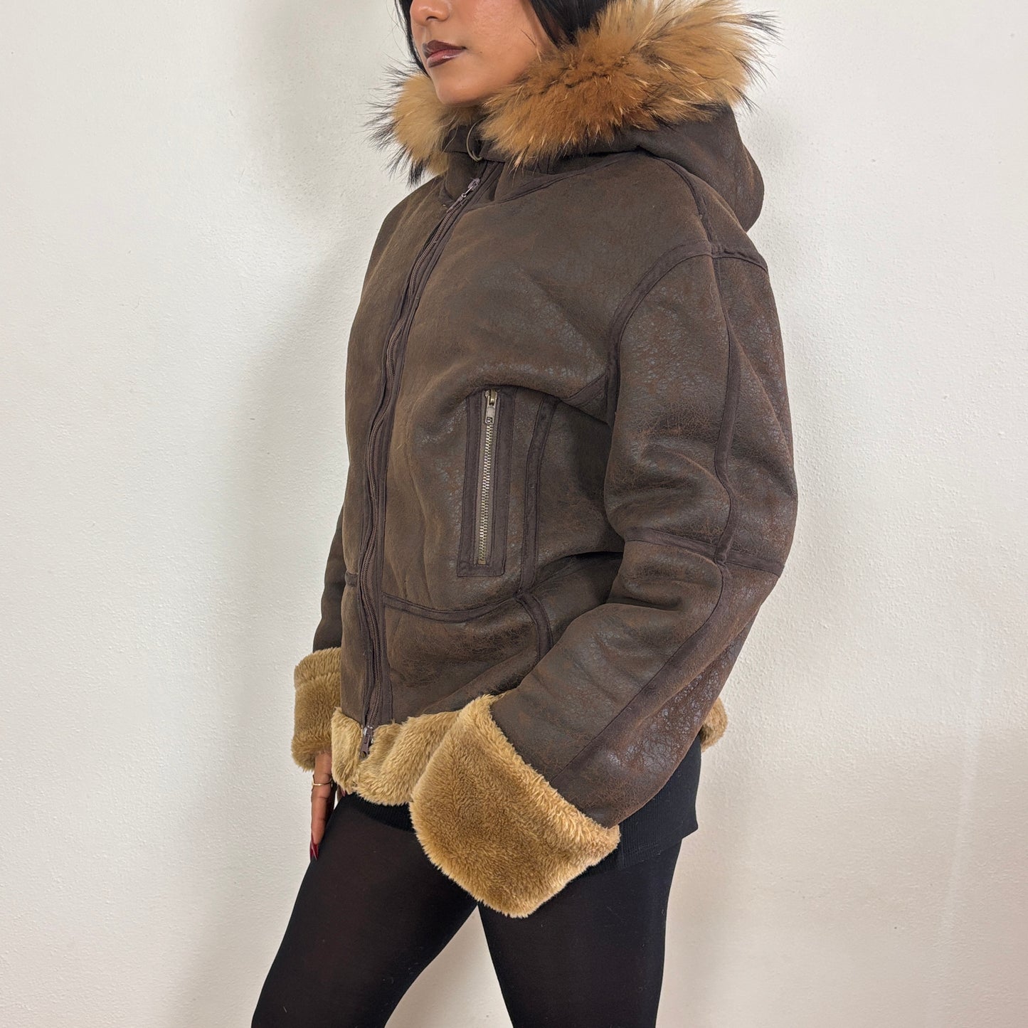 Brown fur hood jacket - L