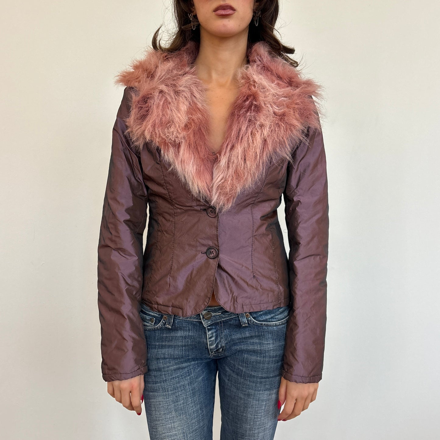 Iridescent faux fur detail jacket - S