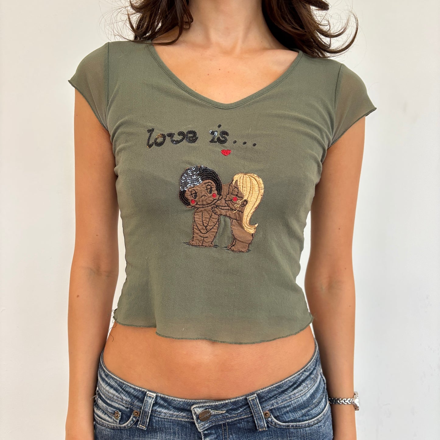Khaki graphic mesh top - XS
