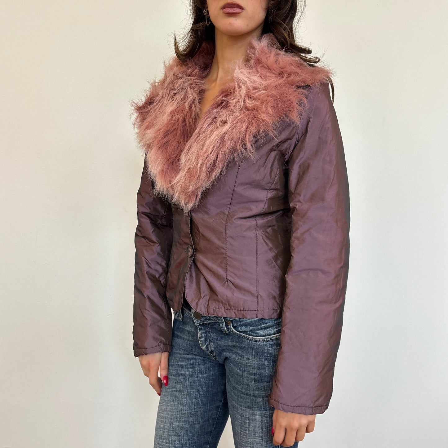 Iridescent faux fur detail jacket - S