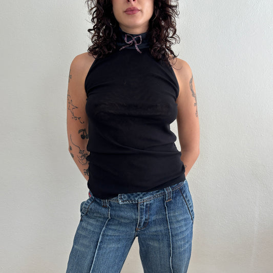 Diamanté bow mesh top - M