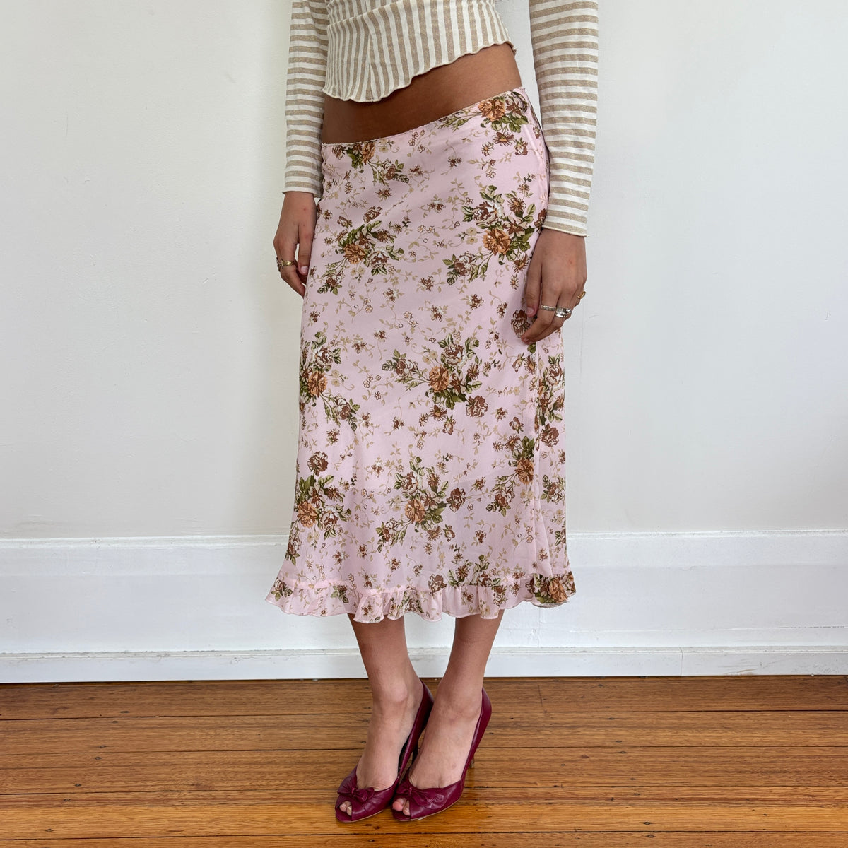 Pink floral midi skirt - S