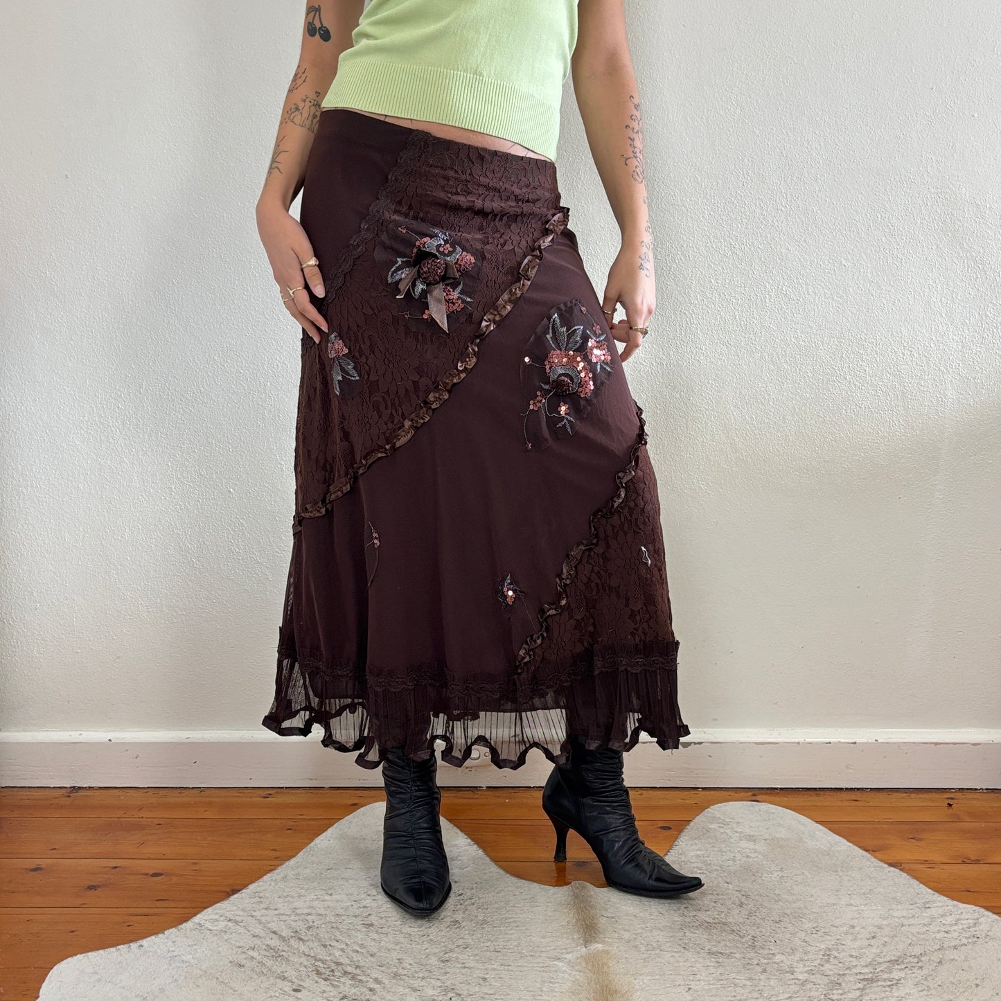 Brown mesh lace midi skirt - S