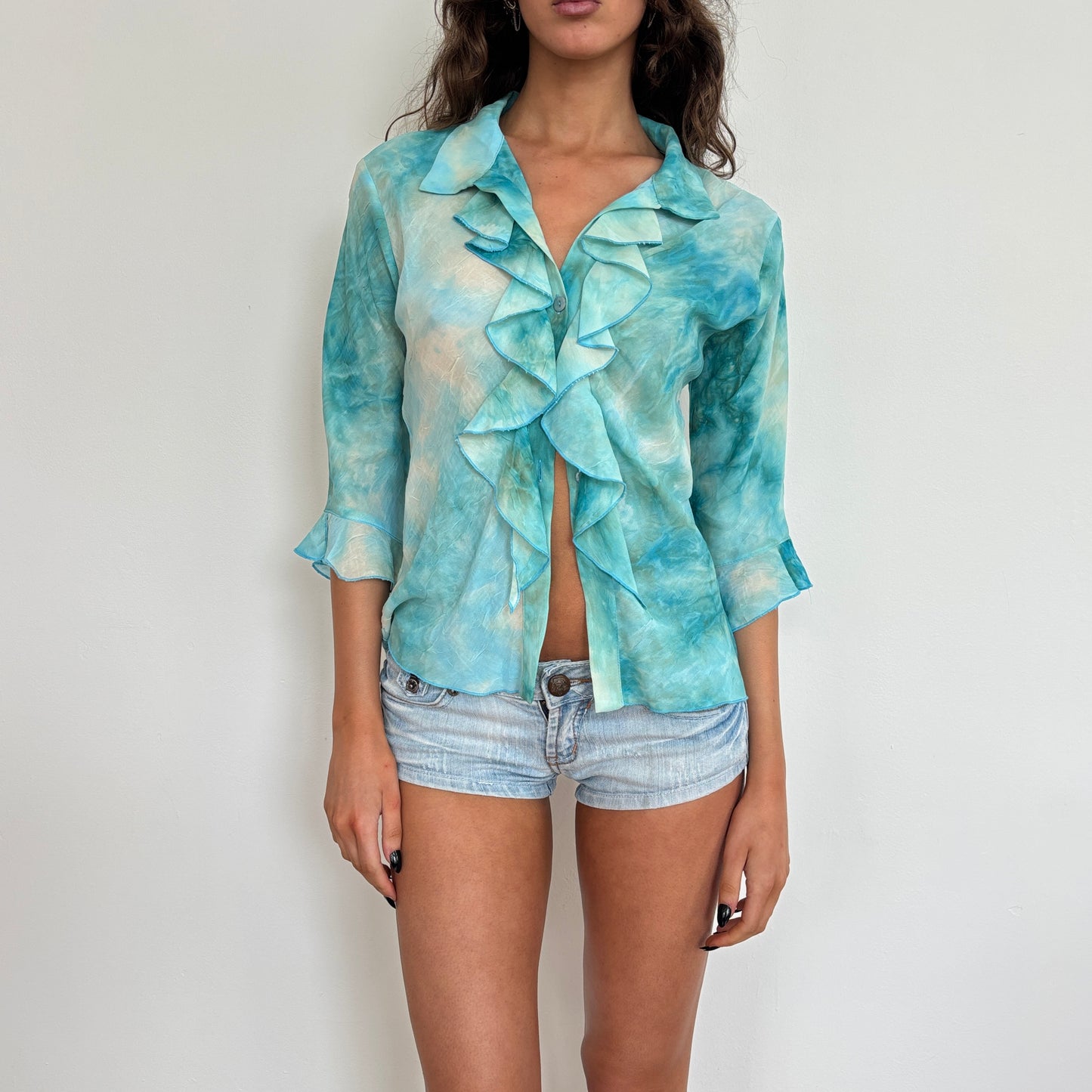 Blue tie dye ruffle top - M