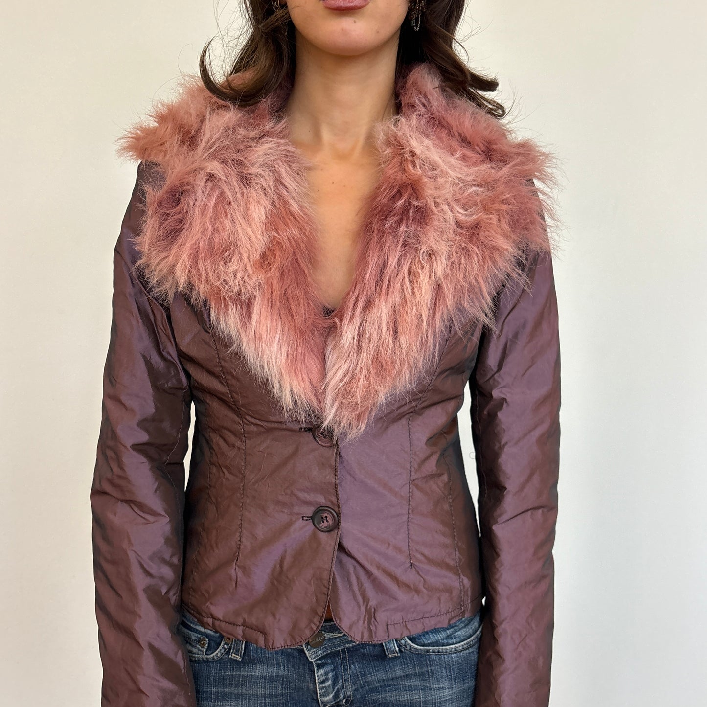Iridescent faux fur detail jacket - S