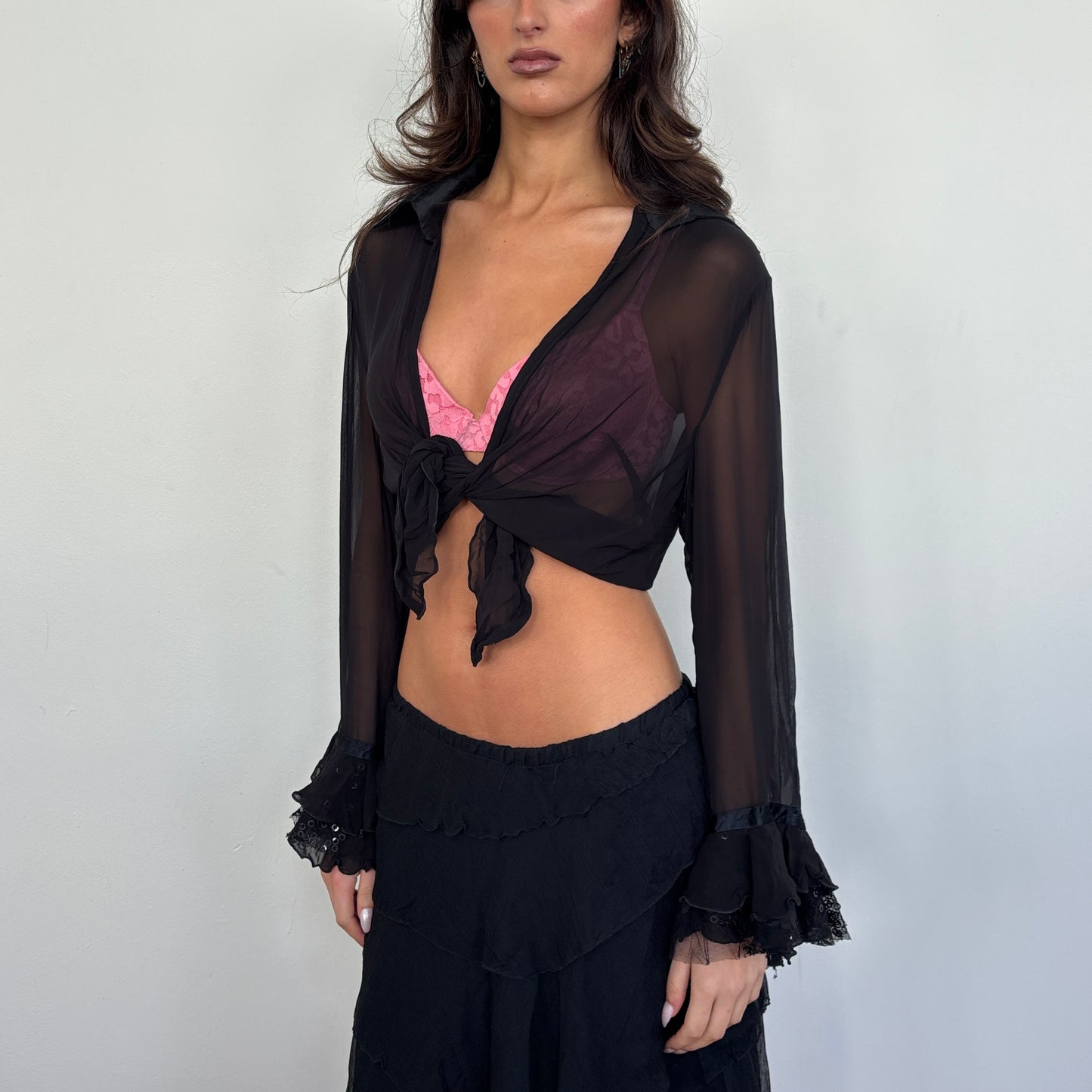 Sheer ruffle sleeve blouse - M
