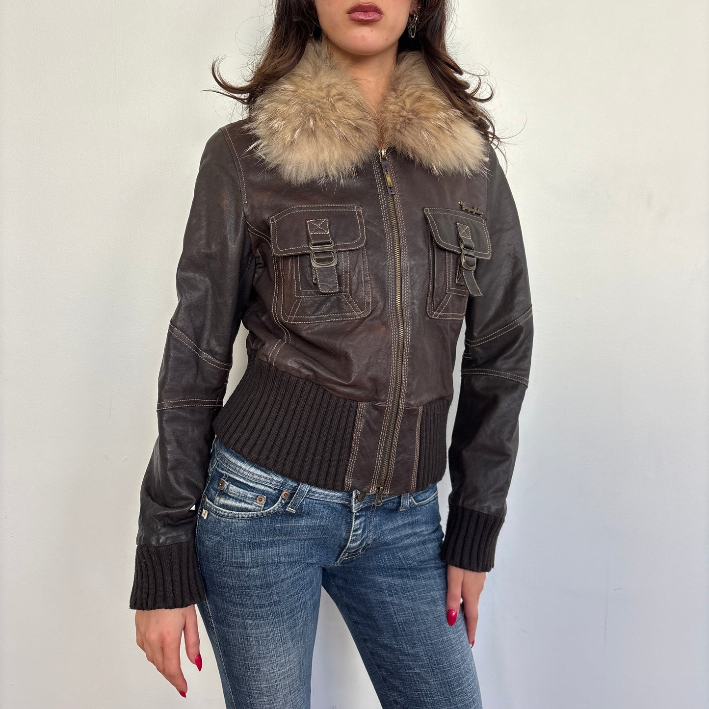 Fur collar leather jacket - S/M
