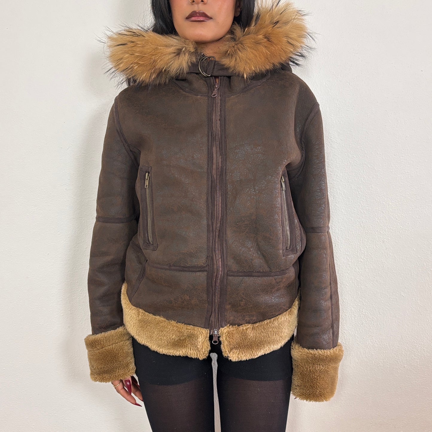 Brown fur hood jacket - L