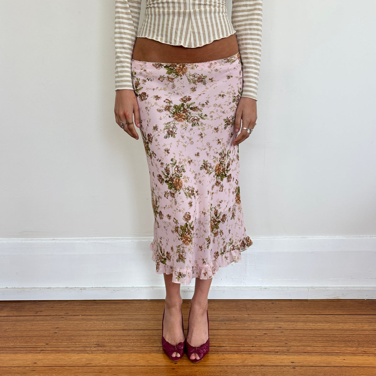 Pink floral midi skirt - S