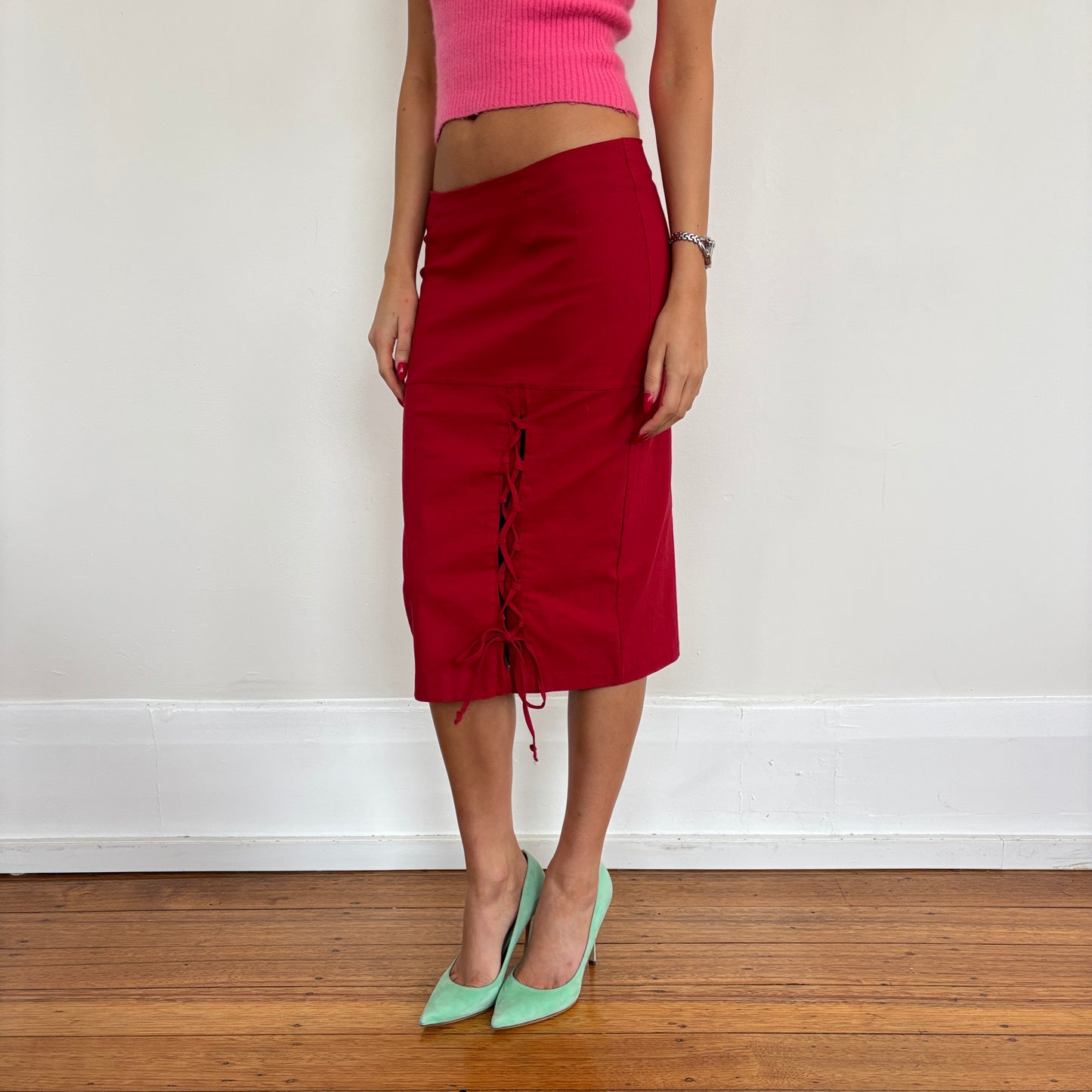 Italian red lace up skirt - XS/S