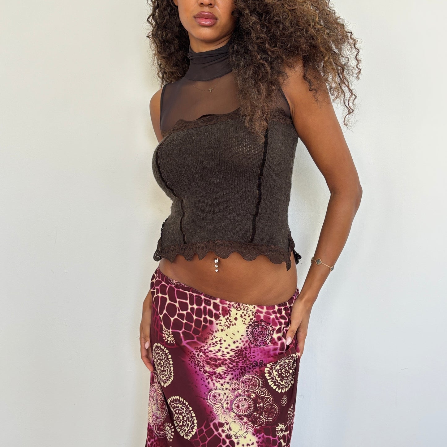 Brown knit mesh top - S