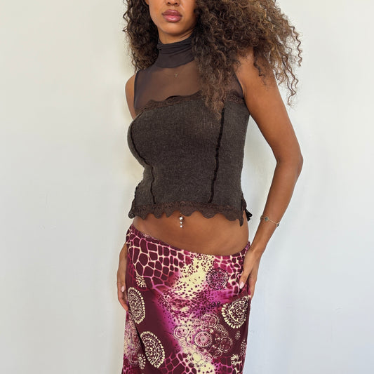 Brown knit mesh top - S