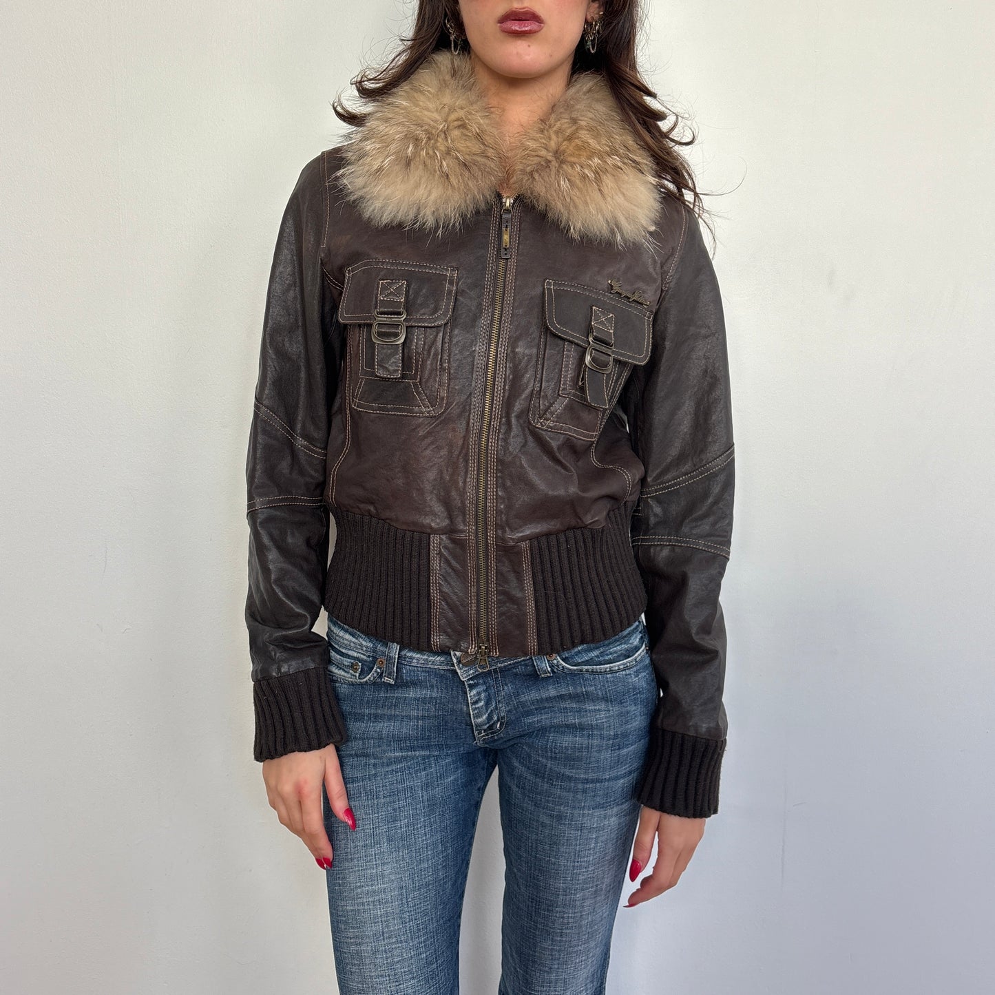 Fur collar leather jacket - S/M