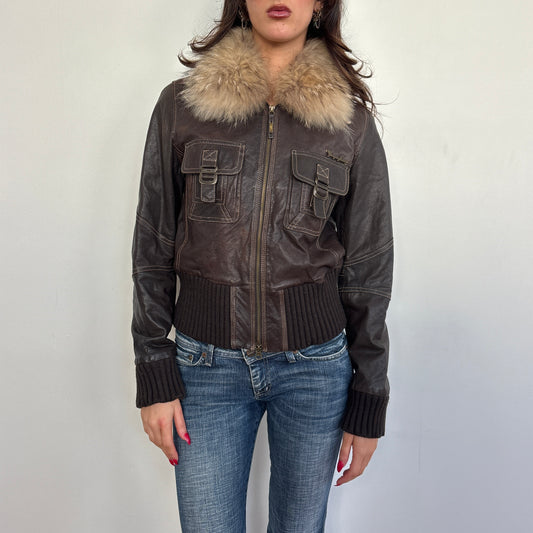 Fur collar leather jacket - S/M