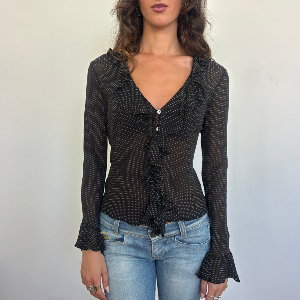 Italian silk polka dot ruffle top - S/M